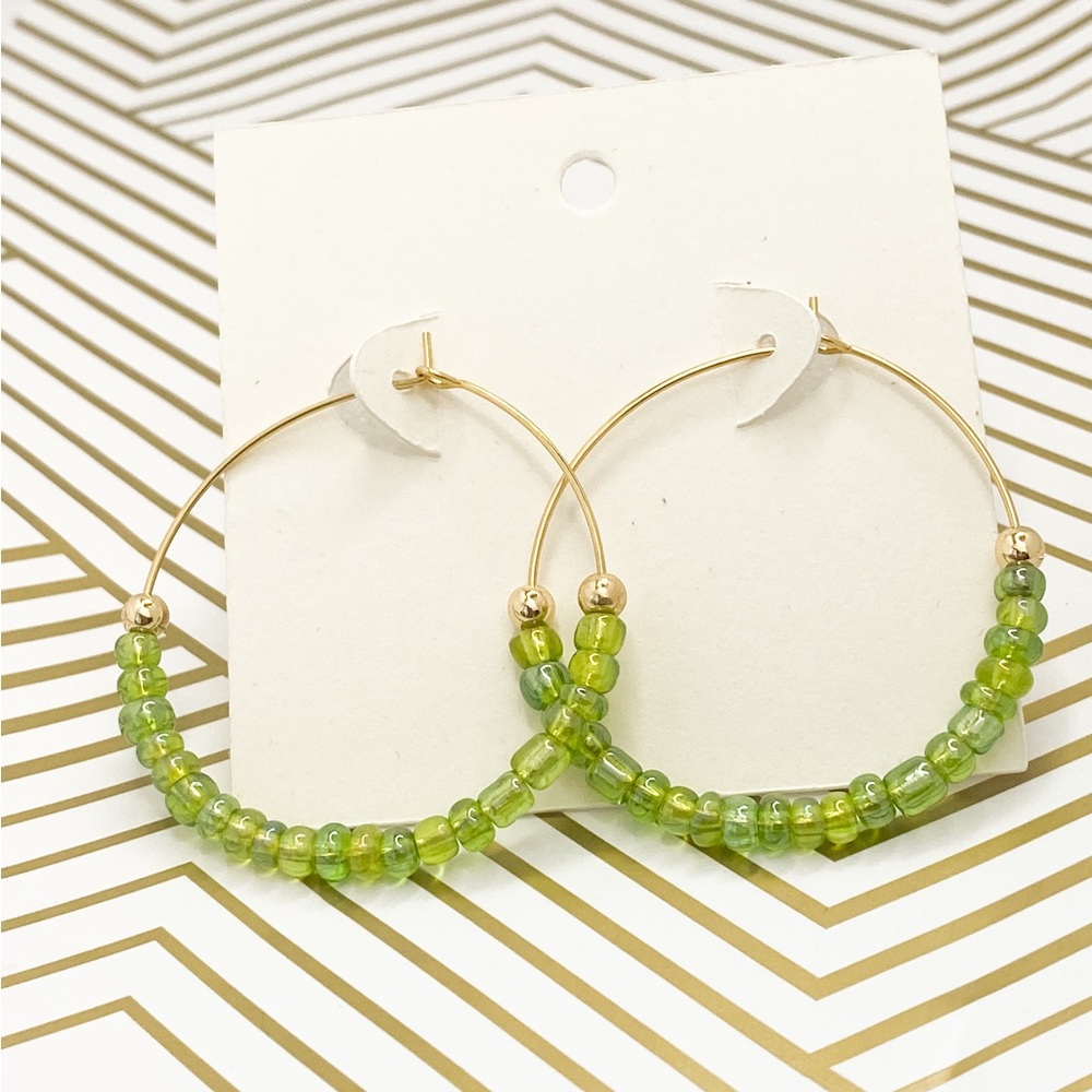 Gold earrings green beaded hoops